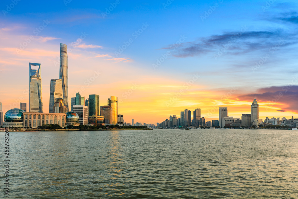 Beautiful Shanghai cityscape and clouds at sunset