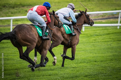 Two race horses and jockeys competing on the race track