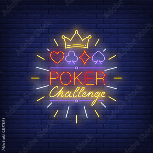 Poker challenge neon text with crown and suits symbols