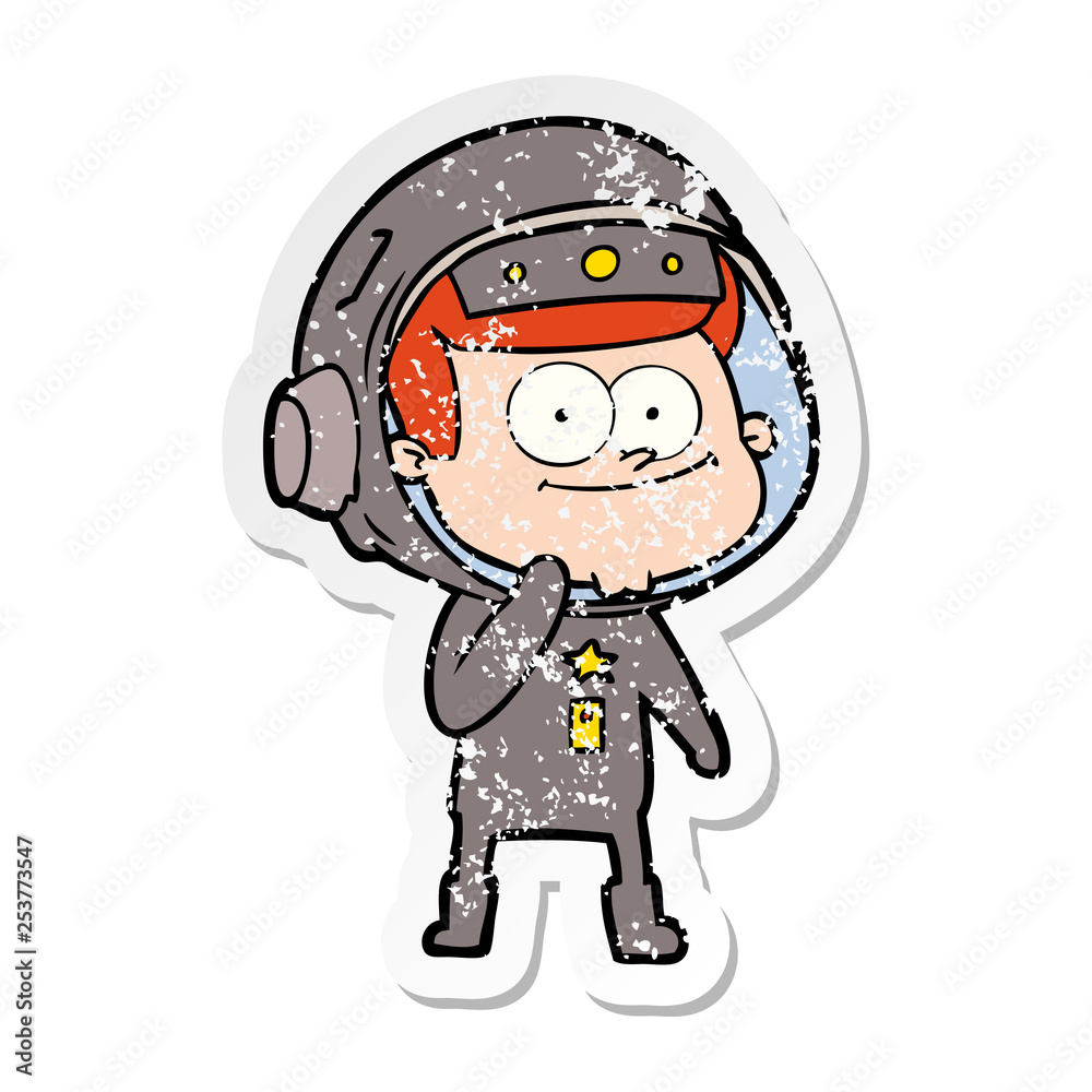 distressed sticker of a happy astronaut cartoon distressed sticker of a happy astronaut cartoon