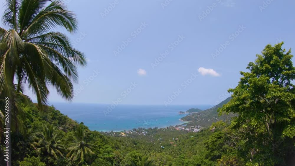 Gentle island breeze moves the leaves on a palm tree. View between trees down a valley toward the beautiful azure water of the ocean and the beach on the horizon. Koh Tao, Thailand tropical beauty. Gentle island breeze moves the leaves on a palm tree. View between trees down a valley toward the beautiful azure water of the ocean and the beach on the horizon. Koh Tao, Thailand tropical beauty.