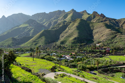 Fertile valley with mango and oranges fruit plantations, vineyards and avocados orchards near Agaete, Gran Canaria, Canary islands, Spain photo
