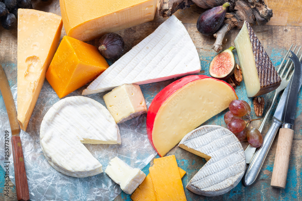 Famous European cheeses in assortment, Dutch red ball Edam and old