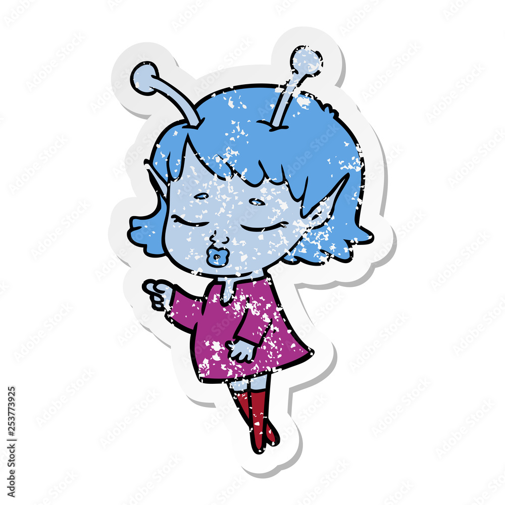distressed sticker of a cute alien girl cartoon distressed sticker of a cute alien girl cartoon