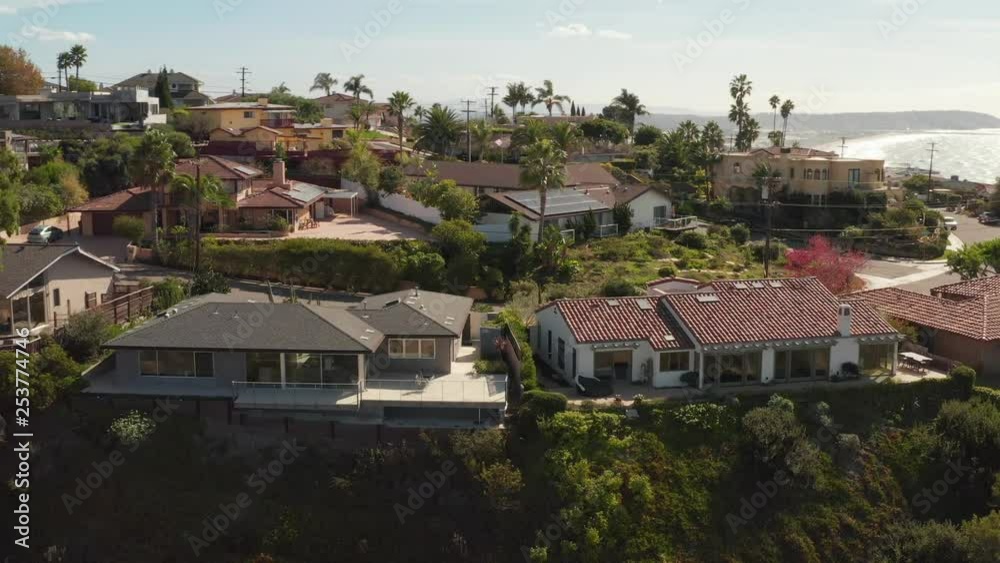 Slow circular pan over luxury homes facing Bird Rock in La Jolla California 4k Slow circular pan over luxury homes facing Bird Rock in La Jolla California 4k