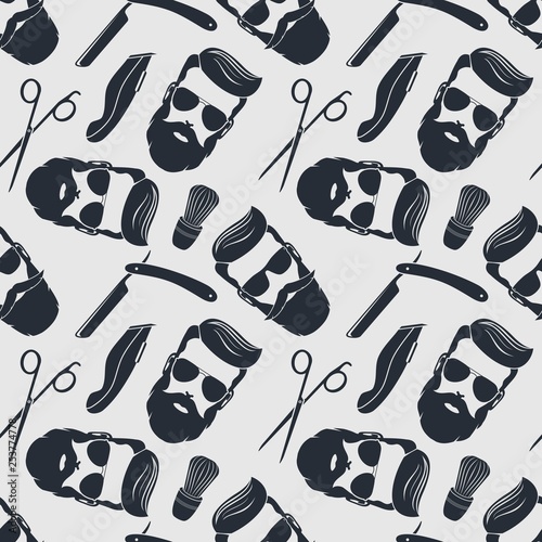 Barbershop background, seamless pattern with hairdressing scissors,  razor and hipster face. Vector illustration