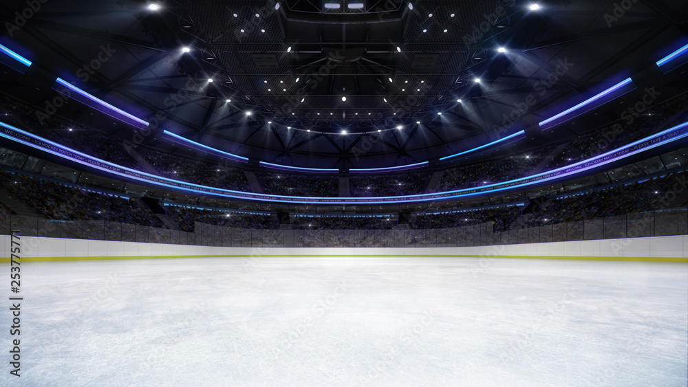 empty ice rink arena inside view illuminated by spotlights, hockey and
