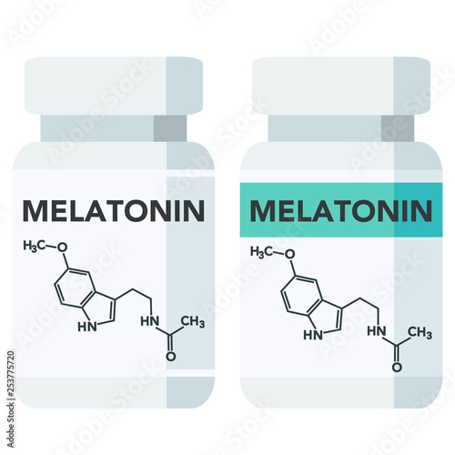 Melatonin is a hormone made by the pineal gland. Melatonin is frequently taken to alleviate difficulty falling or staying asleep. Bottle of pills.