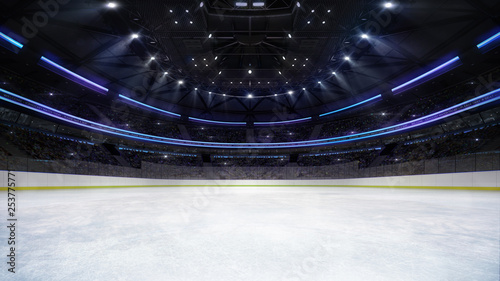 empty ice rink arena inside view illuminated by spotlights, hockey and skating stadium indoor 3D render illustration background, my own design photo