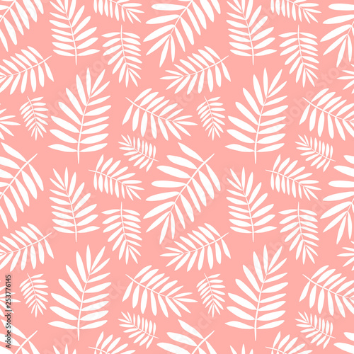 Seamless tropical pattern with white palm leaves on the pink background. Vector summer exotic illustration of a flamingo for kids, textiles, nursery, birthday, shower, paper, clothes, fabric, gift