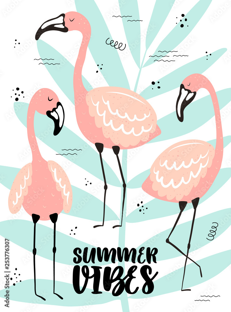 Vector tropical illustration of pink flamingos on the blue palm leaf background. Hand-drawn poster for kids, holidays, birthday, clothes, decor, textile, fabric, card. Summer vibes