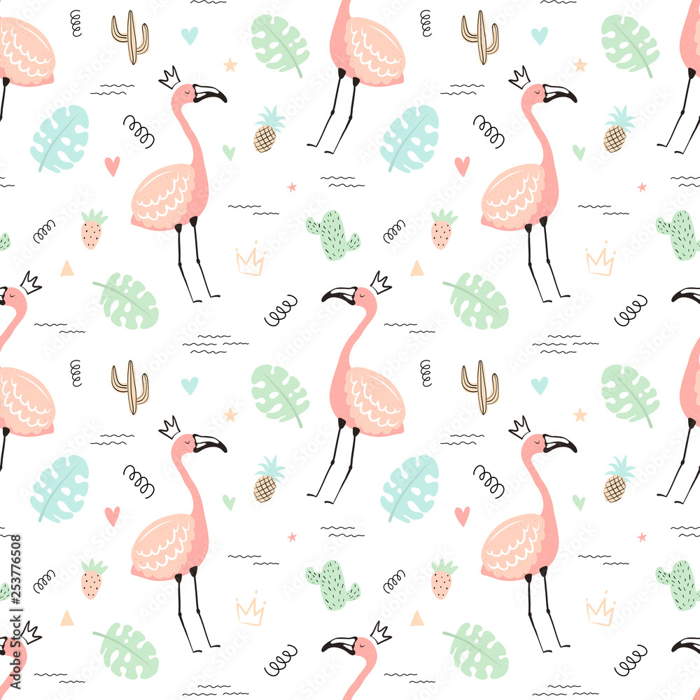 Obraz premium Seamless tropical pattern with pink cute flamingos and leaves, cacti, fruit.Vector summer hand-drawn illustration of a flamingo in the crown for kids, textiles, clothes, nursery, baby shower, birthday