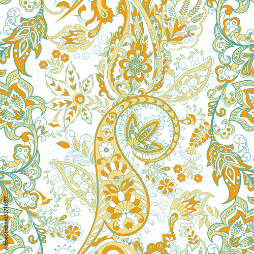Paisley vector seamless pattern. Fantastic flower, leaves. Textile bohemian print. Batik painting. Vintage