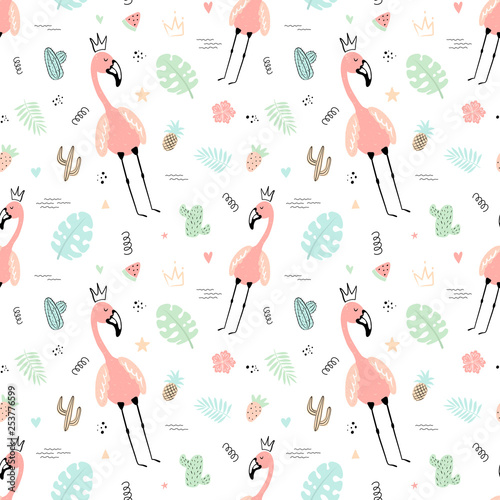 Seamless tropical pattern with pink flamingos, crown, leaves, cacti,monstera.Vector summer hand-drawn illustration of a flamingo for kids, textiles, background, clothes, nursery, baby shower, birthday