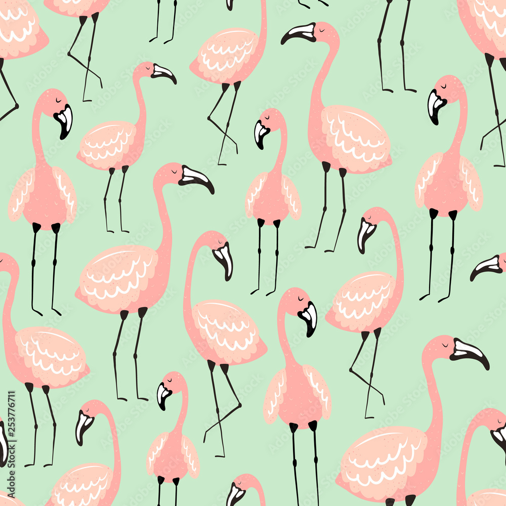 Obraz premium Seamless tropical pattern with pink flamingos on the green background. Vector summer hand-drawn illustration of a flamingo for kids, gifts, textiles, paper, clothes, nursery, baby shower, birthday