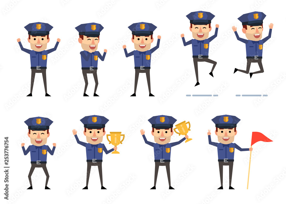 Set of policeman characters showing various success actions and poses. Funny policeman holding golden cup, flag, jumping, celebrating and showing other actions. Flat design vector illustration