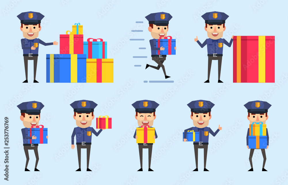 Set of policeman characters with gift box showing various actions. Funny policeman holding gift box, running and showing other actions. Flat design vector illustration Set of policeman characters with gift box showing various actions. Funny policeman holding gift box, running and showing other actions. Flat design vector illustration
