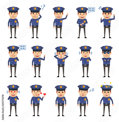 Set of policeman characters showing various emotions. Funny police officer laughing, crying, surprised, dazed, angry, in love and showing other emotions. Flat design vector illustration