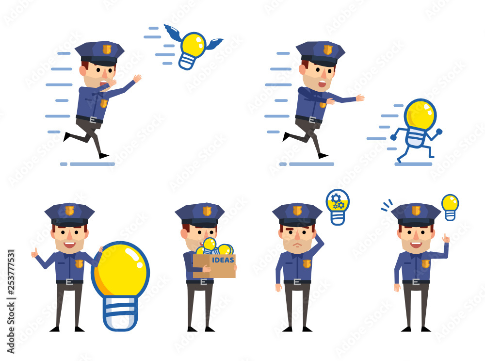 Set of policeman characters posing with idea light bulbs. Cheerful police officer holding box full of ideas, chasing running away light bulb and showing other actions. Flat vector illustration