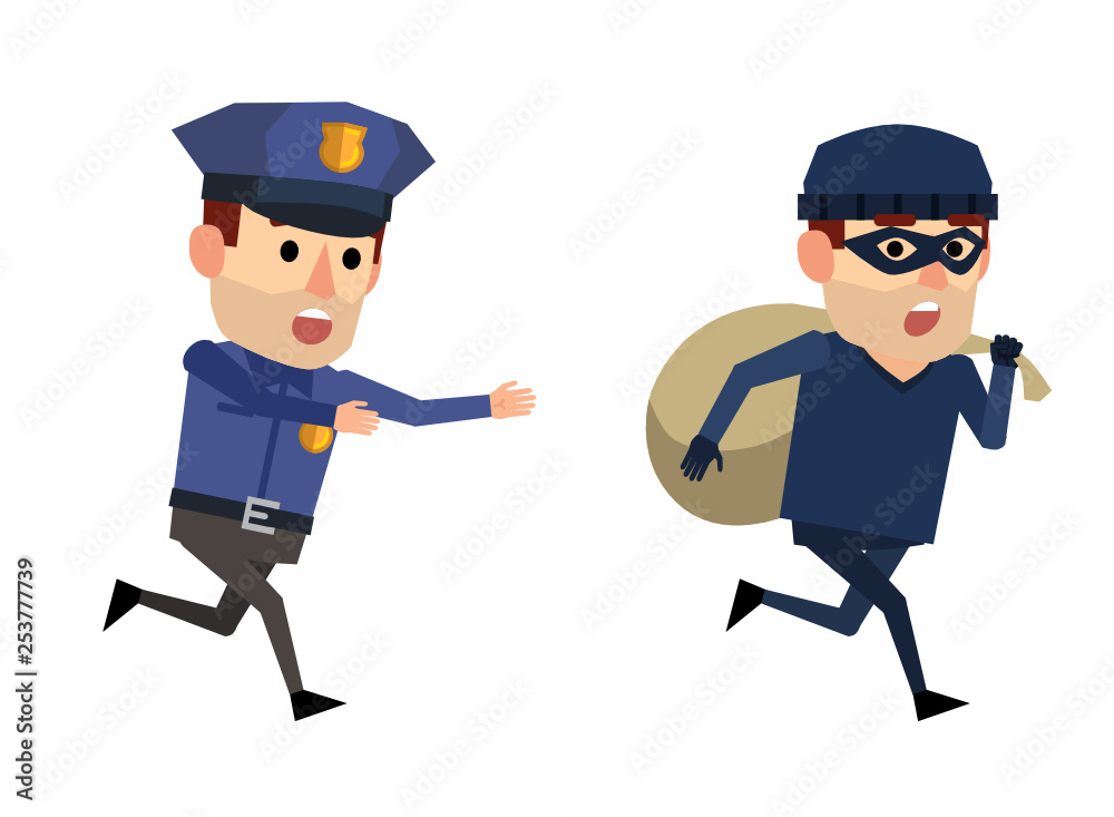 Funny policeman and thief. Robber with bag running away from police officer. Flat style vector illustration