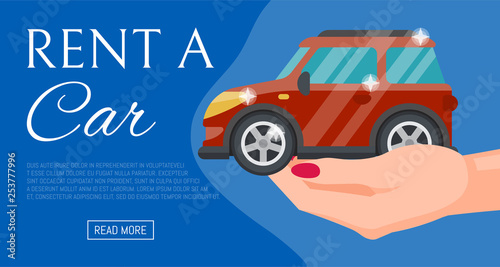 Buying or renting new or used red car banner vector illustration. Car in buyer hand. Rent a car. Modern flat style selling transport flyer. Buying auto rental dealer. Travel vehicle service concept.