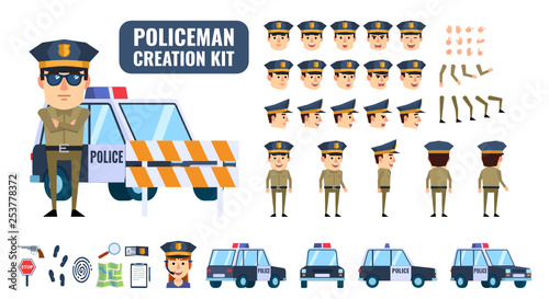 Policeman creation kit. Create your own pose, action, animation. Various emotions, gestures, design elements. Flat design vector illustration