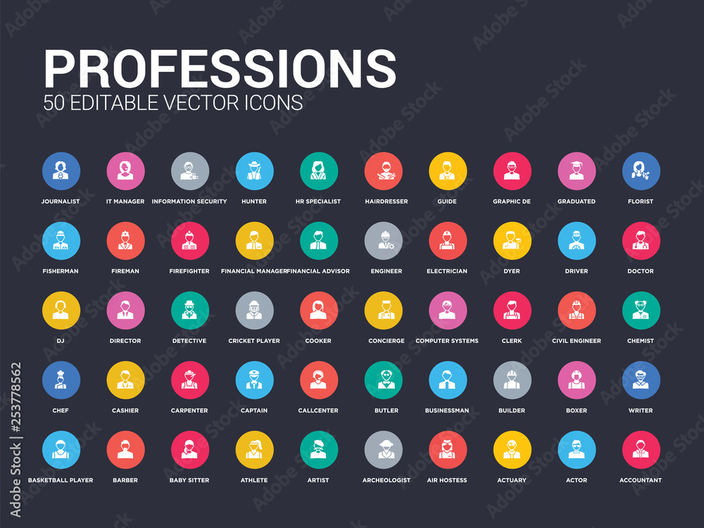 50 professions set icons such as accountant, actor, actuary, air hostess, archeologist, artist, athlete, baby sitter, barber. simple modern isolated vector icons can be use for web mobile - obrazy, fototapety, plakaty 