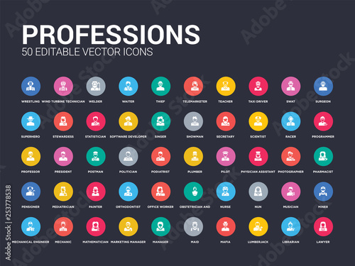 50 professions set icons such as lawyer, librarian, lumberjack, mafia, maid, manager, marketing manager, mathematician, mechanic. simple modern isolated vector icons can be use for web mobile