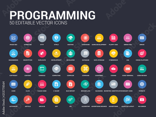 50 programming set icons such as 404 error, adaptive layout, advertising, advertising bounce, algorithm, api, app, archive, article. simple modern isolated vector icons can be use for web mobile