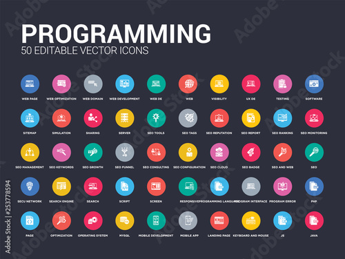 50 programming set icons such as java, js, keyboard and mouse, landing page, mobile app, mobile development, mysql, operating system, optimization. simple modern isolated vector icons can be use for photo
