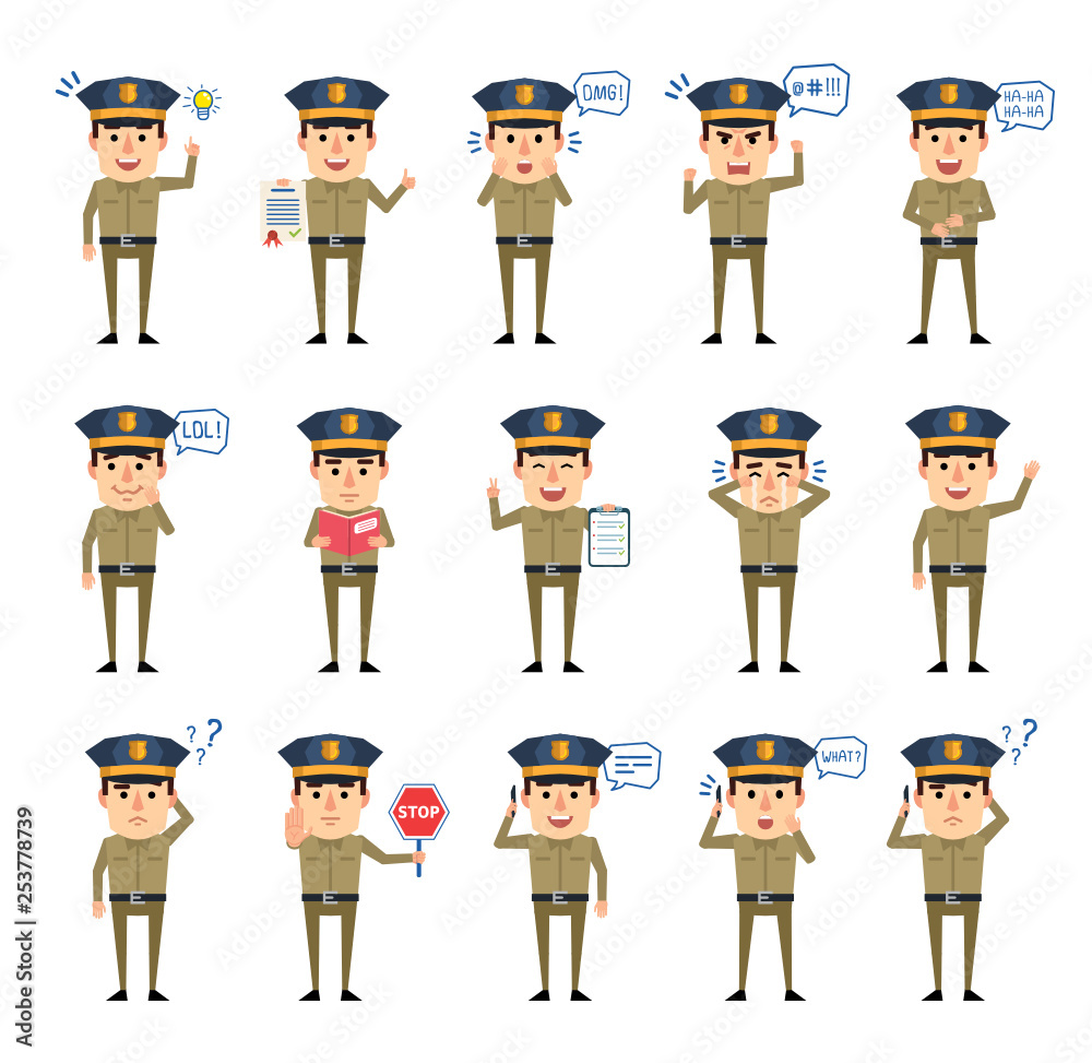 Set of policeman characters showing various actions and emotions. Funny policeman talking on phone, laughing, surprised, angry and showing other actions. Flat design vector illustration