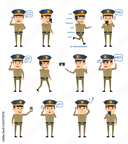 Set of policeman characters with phone showing various actions. Funny policeman talking on phone, taking photo, running and showing other actions. Flat design vector illustration