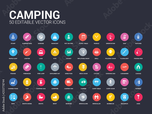 50 camping set icons such as axes, backpack, barbecue, binocular, binoculars, bonfire, boot, boots, boots shoes. simple modern isolated vector icons can be use for web mobile