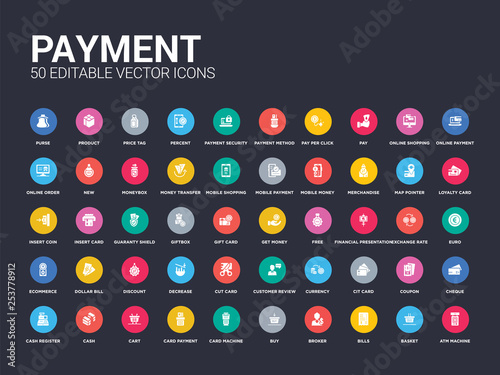 50 payment set icons such as atm machine, basket, bills, broker, buy, card machine, card payment, cart, cash. simple modern isolated vector icons can be use for web mobile