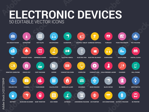 50 electronic devices set icons such as 3d printer, activity tracker, air conditioner, air purifier, answering machine, antenna, asic miner, baby monitor, barcode scanner. simple modern isolated