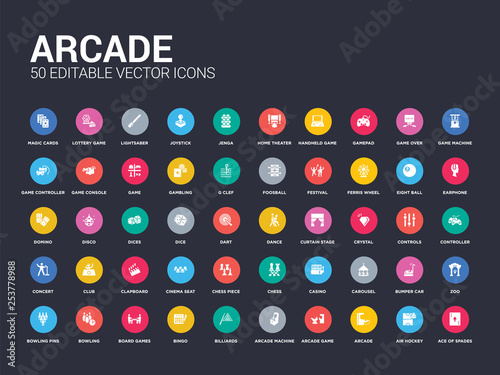 50 arcade set icons such as ace of spades, air hockey, arcade, arcade game, machine, billiards, bingo, board games, bowling. simple modern isolated vector icons can be use for web mobile