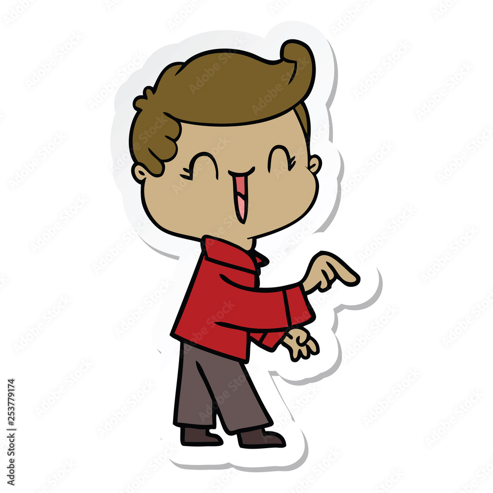 sticker of a cartoon laughing boy pointing sticker of a cartoon laughing boy pointing