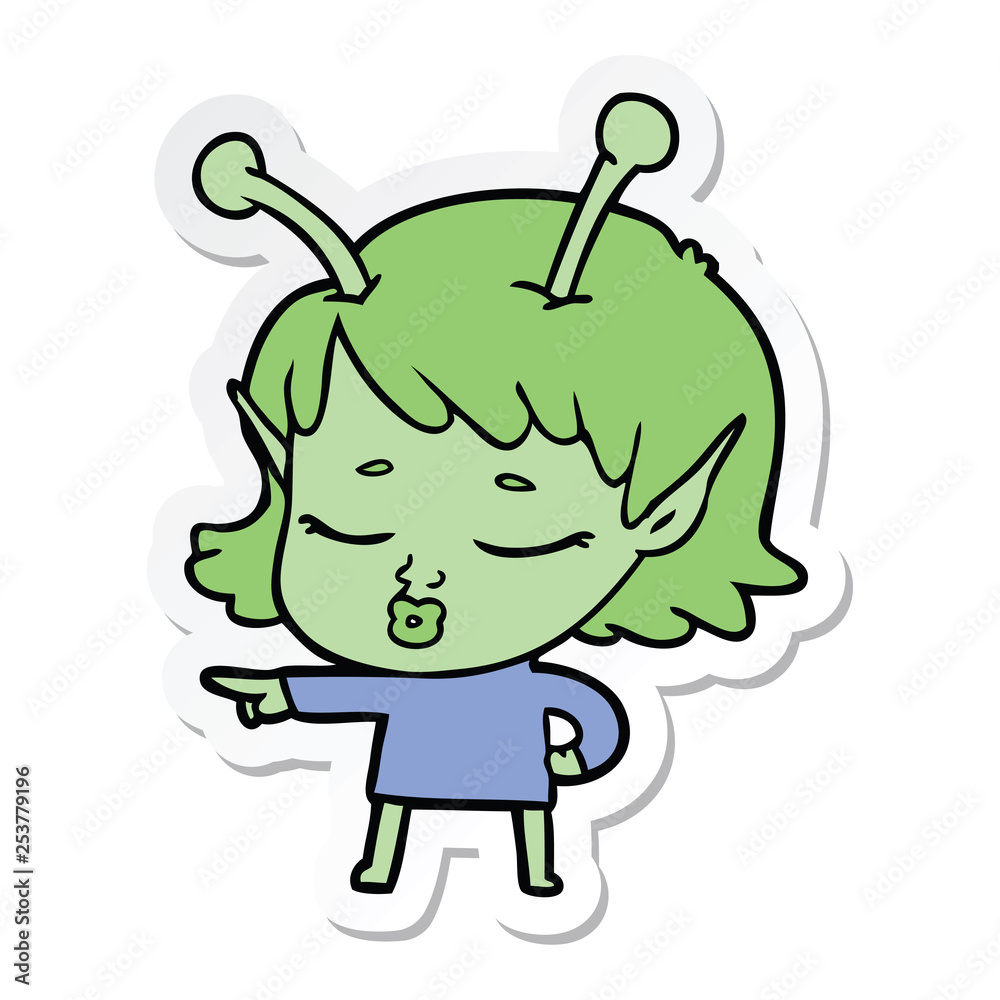 sticker of a cute alien girl cartoon pointing sticker of a cute alien girl cartoon pointing