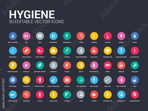 50 hygiene set icons such as handkerchief, hygiene kit, hygienic pad, lather, lens, lip balm, liquid soap, lotion, microbes. simple modern isolated vector icons can be use for web mobile