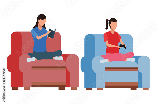faceless women reading and playing living room