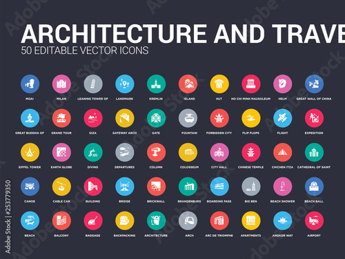 50 architecture and travel set icons such as airport, angkor wat, apartments, arc de triomphe, arch, architecture, backpacking, baggage, balcony. simple modern isolated vector icons can be use for