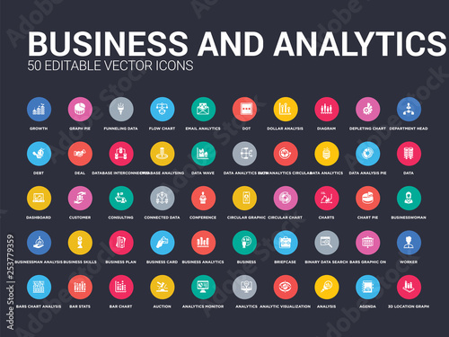 50 business and analytics set icons such as 3d location graph, agenda, analysis, analytic visualization, analytics, analytics monitor, auction, bar chart, bar stats. simple modern isolated vector