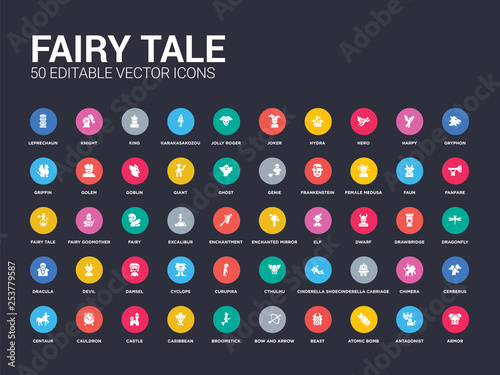 50 fairy tale set icons such as armor, antagonist, atomic bomb, beast, bow and arrow, broomstick, caribbean, castle, cauldron. simple modern isolated vector icons can be use for web mobile