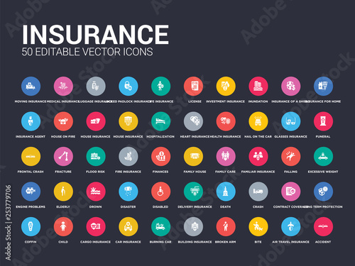 50 insurance set icons such as accident, air travel insurance, bite, broken arm, building insurance, burning car, car cargo child. simple modern isolated vector icons can be use for web mobile