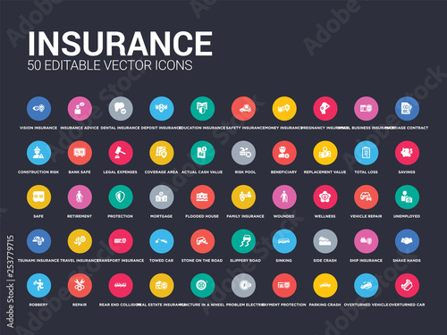 50 insurance set icons such as overturned car, overturned vehicle, parking crash, payment protection, problem electric, puncture in a wheel, real estate insurance, rear end collision, repair. simple