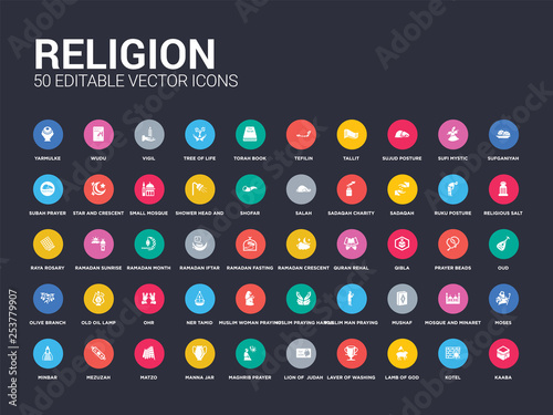 50 religion set icons such as kaaba, kotel, lamb of god, laver of washing, lion of  judah, maghrib prayer, manna jar, matzo, mezuzah. simple modern isolated vector icons can be use for web mobile