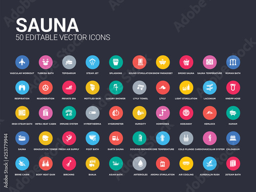 50 sauna set icons such as 2steam bath, adrenalin rush, air cooling, aroma stimulation, arterioles, asian bath, banja, birching, body heat gain. simple modern isolated vector icons can be use for