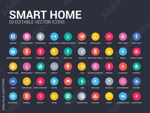 50 smart home set icons such as alarm system, automated door, car key, cd player, control panel, cooler, dimmer, door key, doorbell. simple modern isolated vector icons can be use for web mobile photo