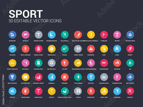 50 sport set icons such as kung fu, lacrosse, long jump, marathon, match, mixed martial arts, muscle, parachute, paragliding. simple modern isolated vector icons can be use for web mobile