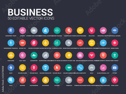 50 business set icons such as fixed costs, fixed-rate mortgage, flexible mortgage, foreign exchange (forex), freehold, futures, gazumping, gazundering, gearing. simple modern isolated vector icons